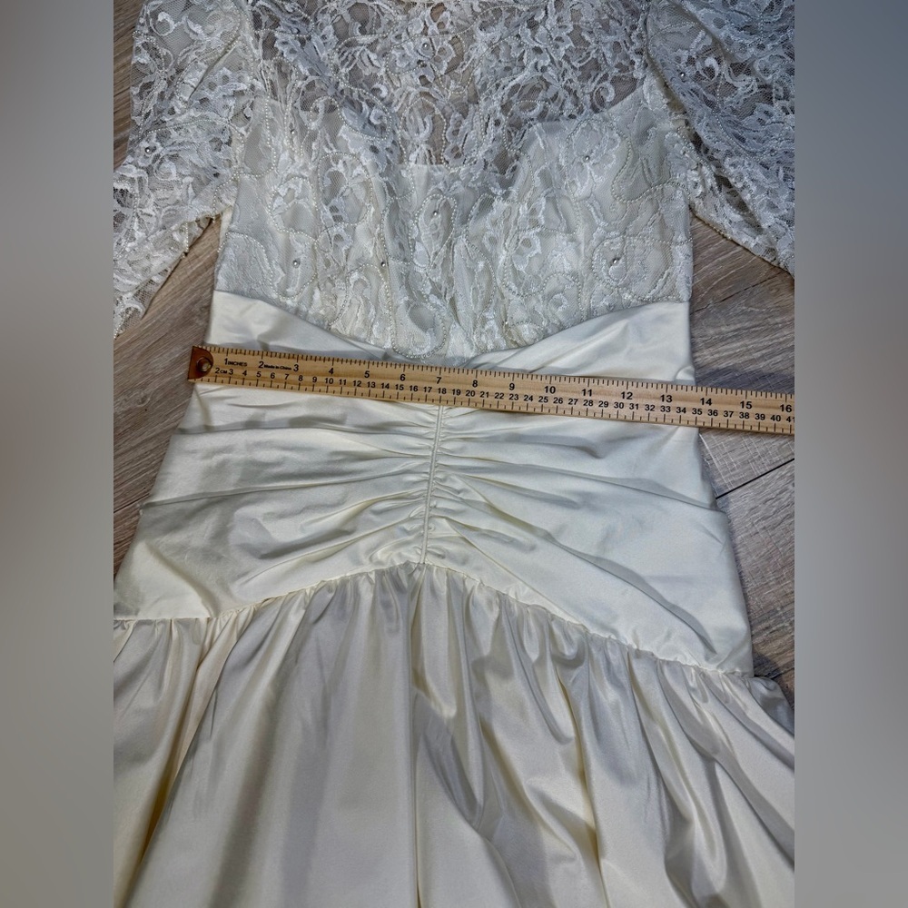 Dessy Creations Vintage Ivory Lace Tea-Length Wedding Dress Ruched Waist - Picture 12 of 16